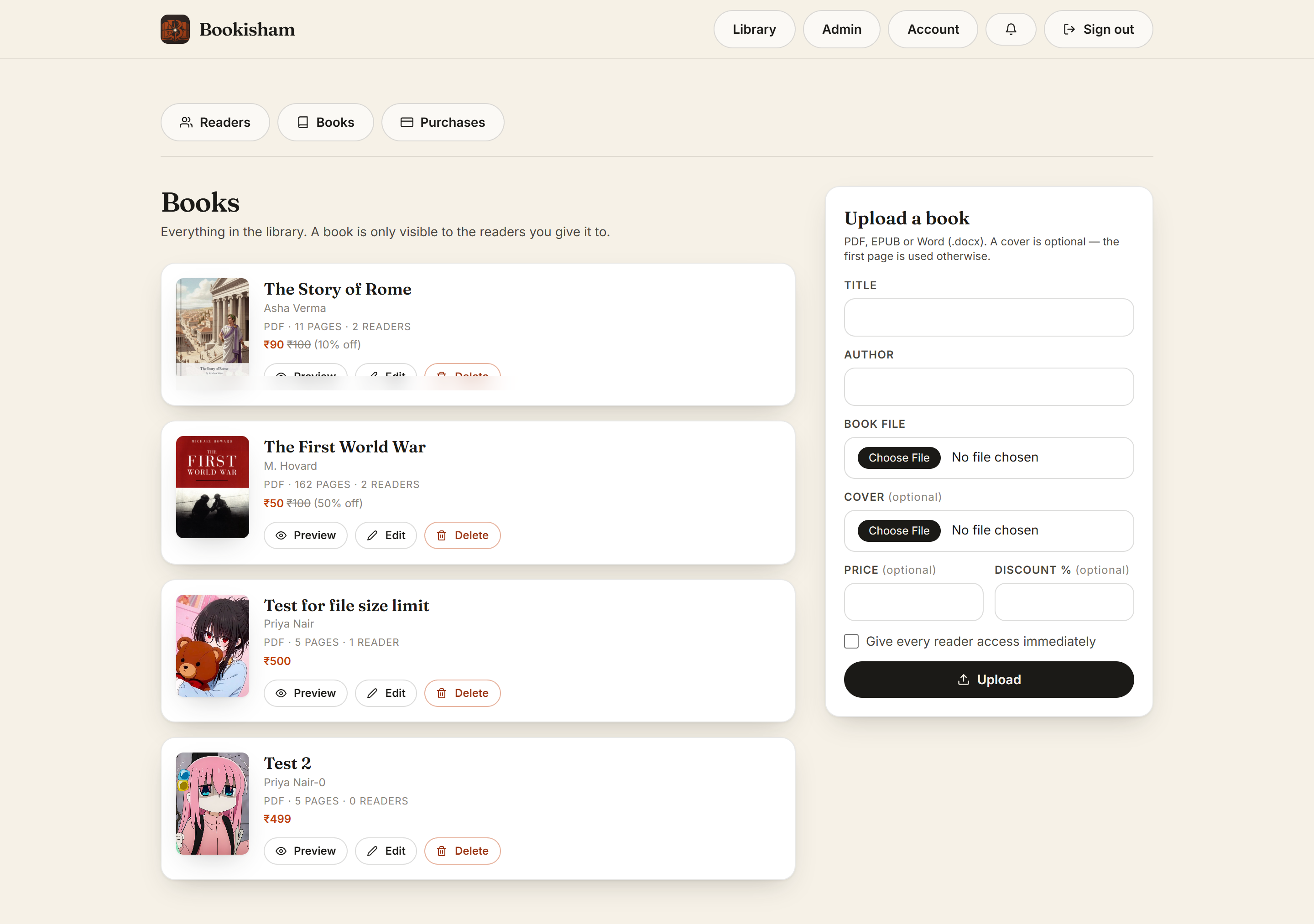 The admin books page