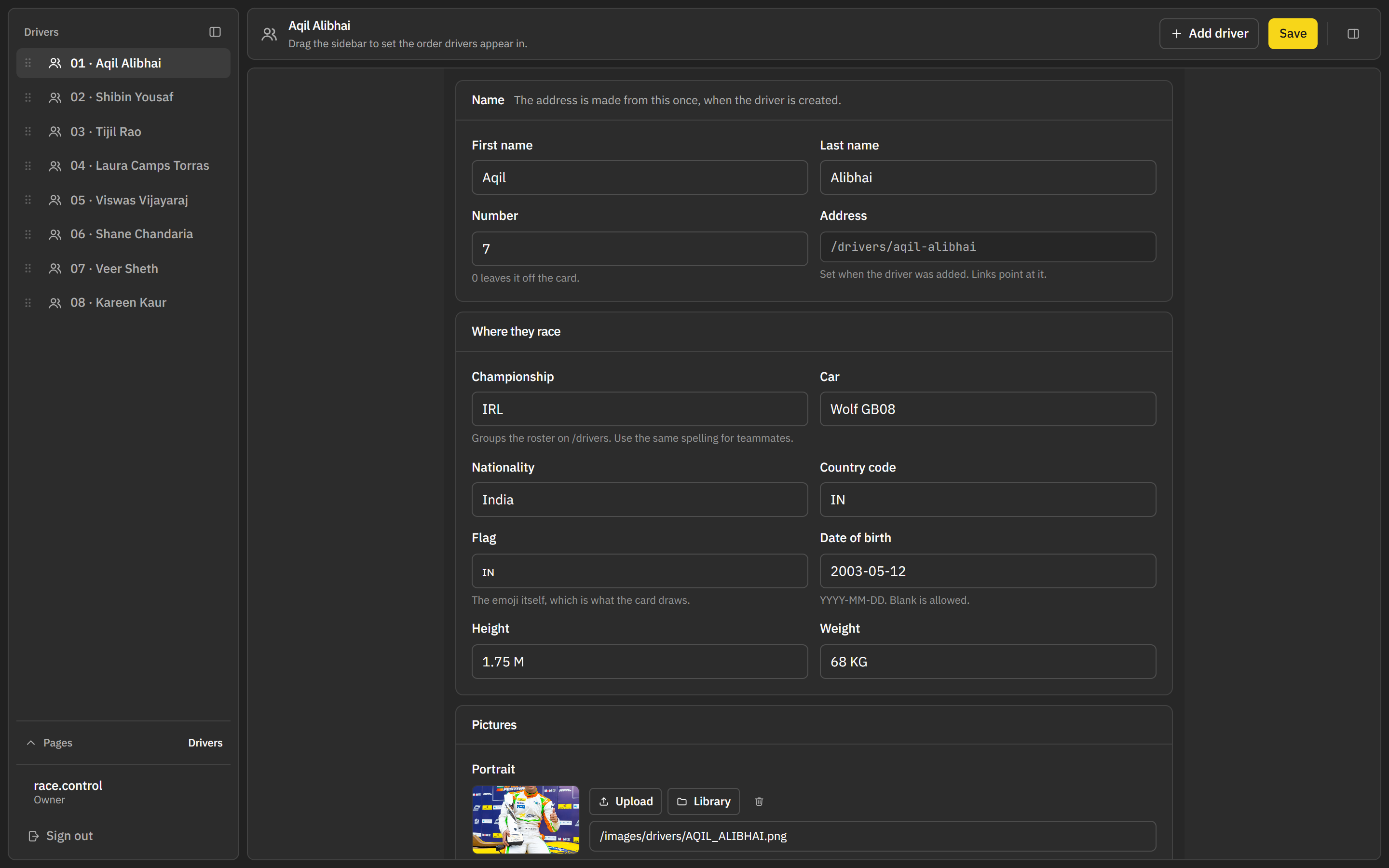 The console's drivers screen