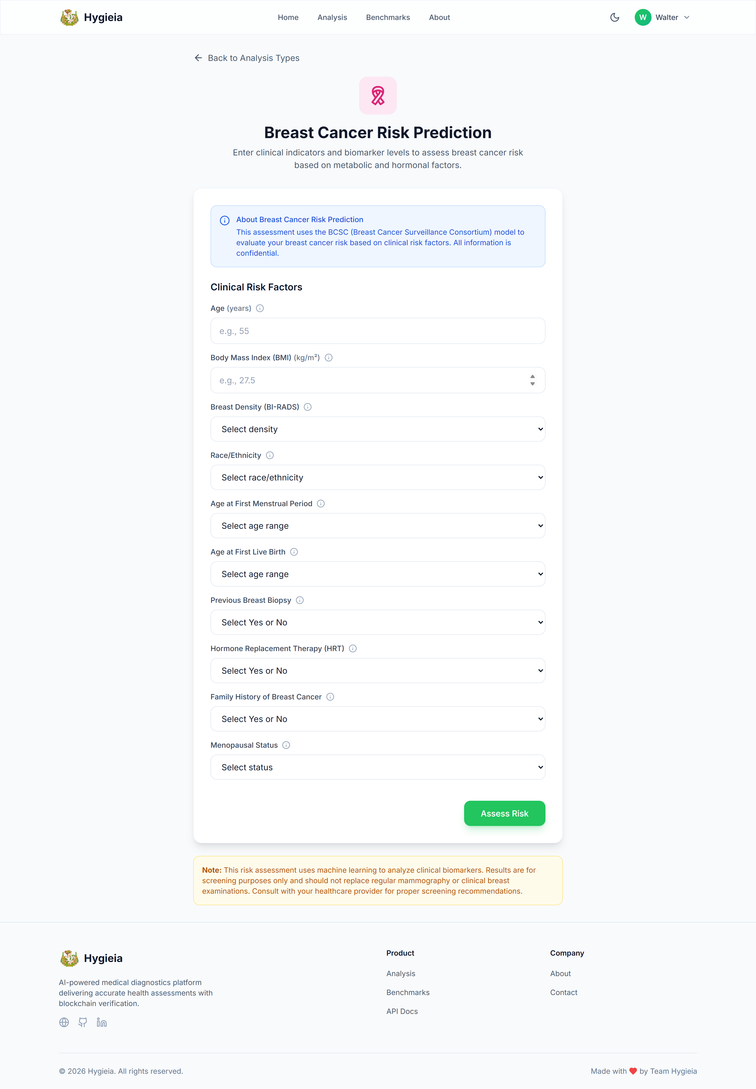Breast cancer prediction form